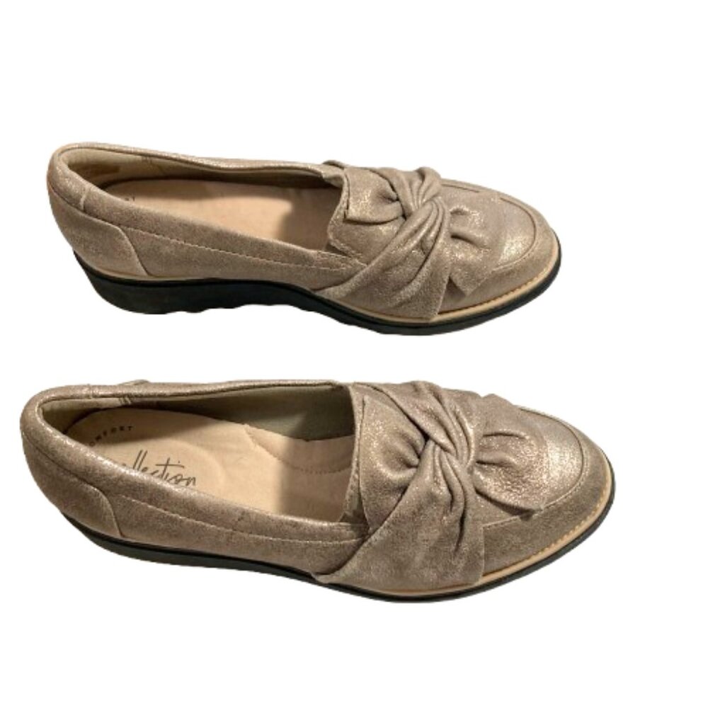Clarks Gold Metallic Women’s Loafers sz 8.5 Shimmer Lightweight Slip-on Comfort